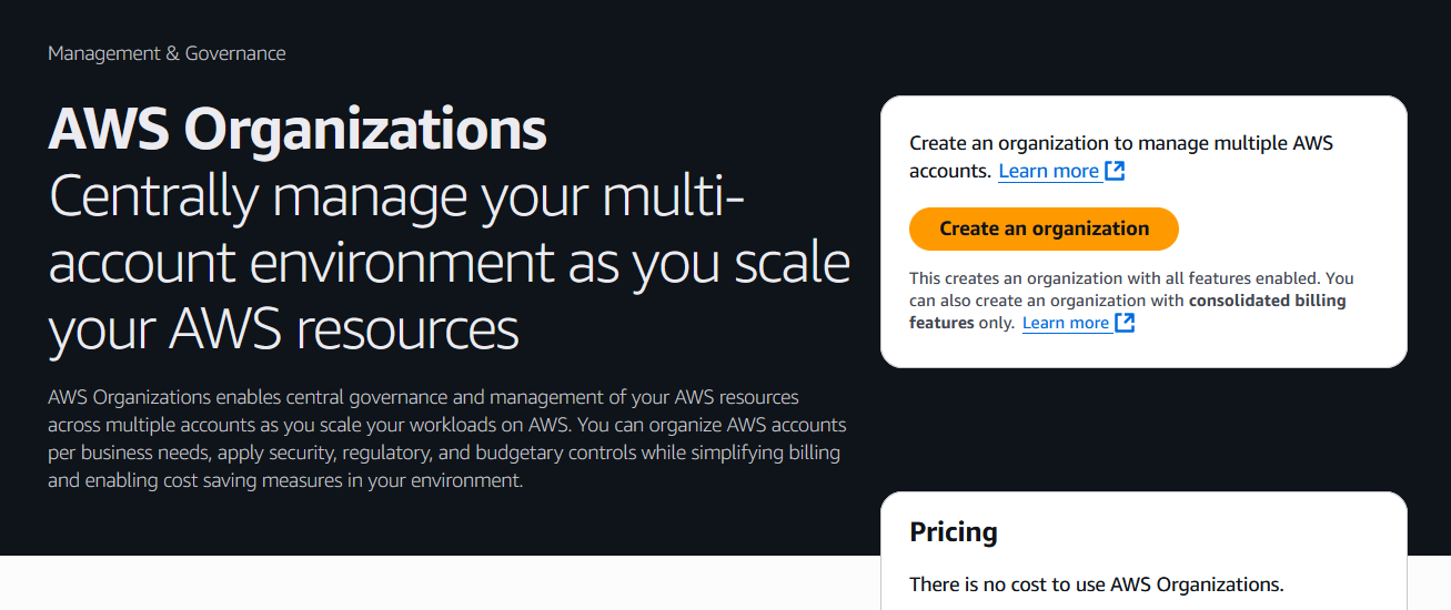 AWS Organizations Landing Page