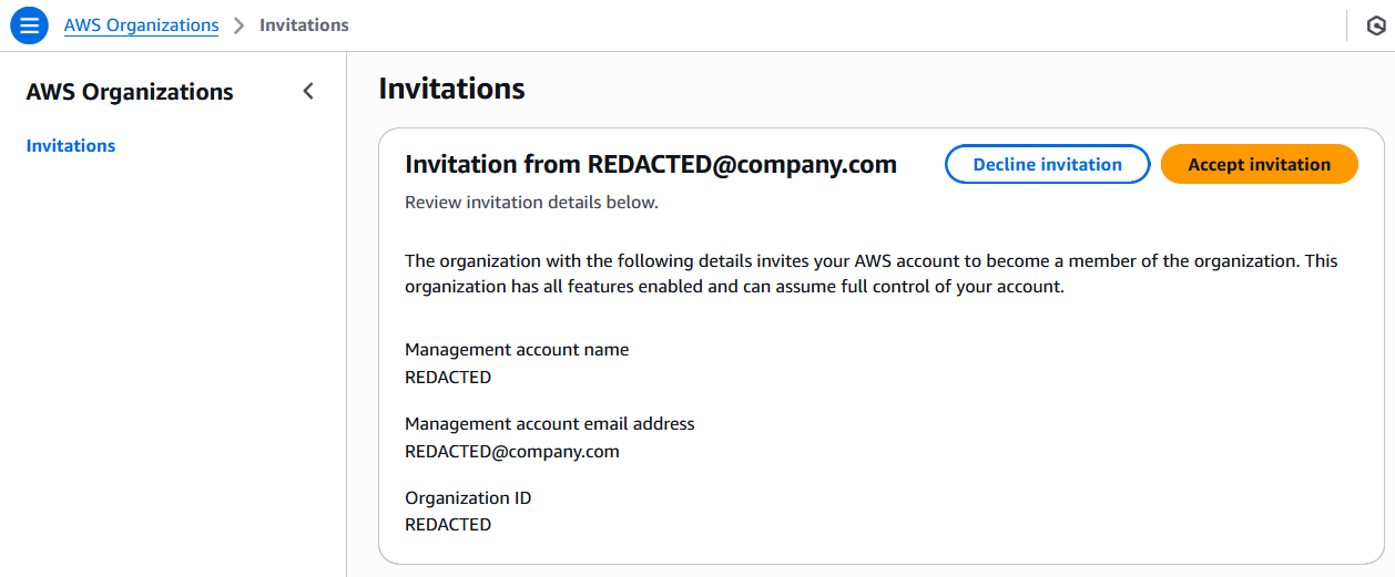 View Invite to AWS Organization