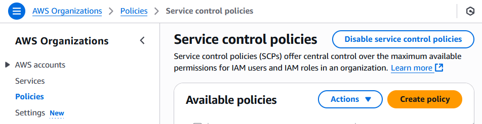 Security Control Policies page