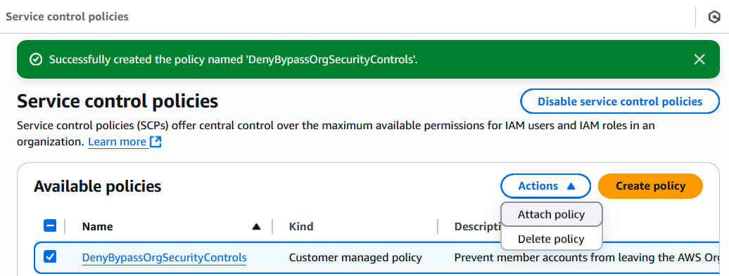Security Control Policies actions