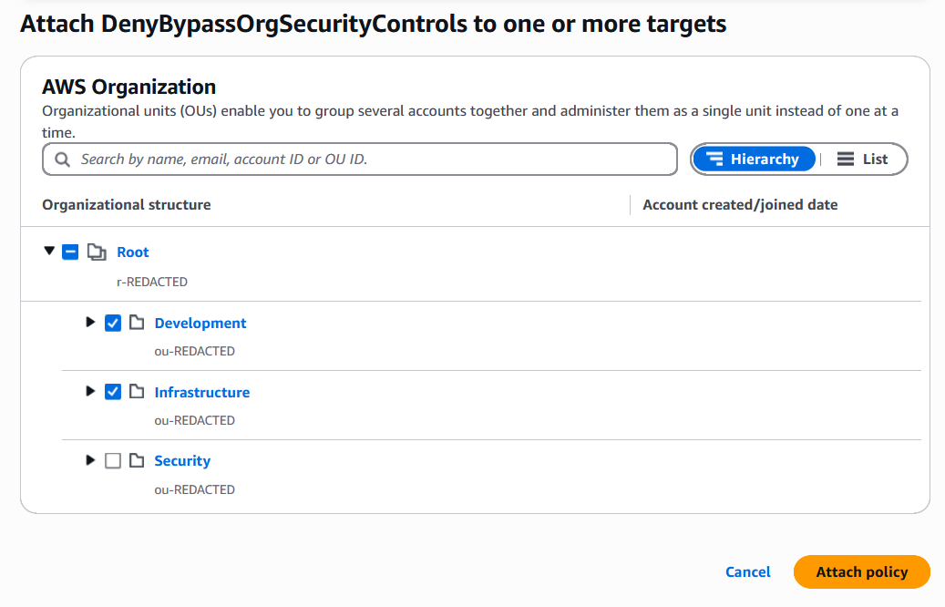 Security Control Policies attach policy page