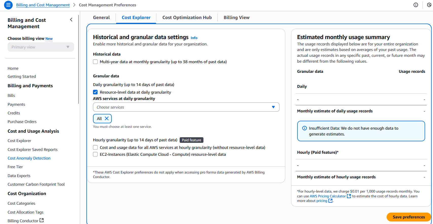 Enable Cost Explorer data at daily granularity