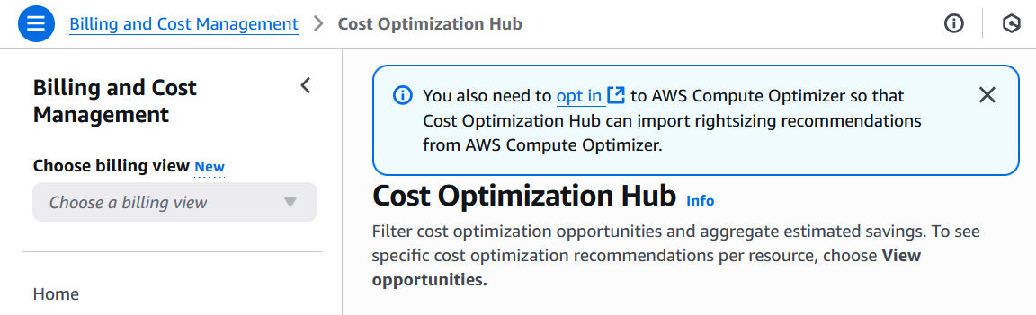 Prompt to enable Compute Optimizer